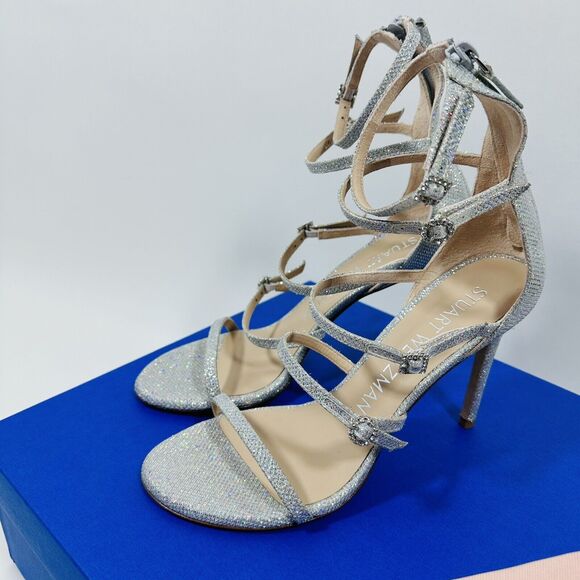 NIB Stuart Weitzman Nudist 8.5 Crystal Buckle Sandals 100mm Silver Glitter $625 - Picture 8 of 14